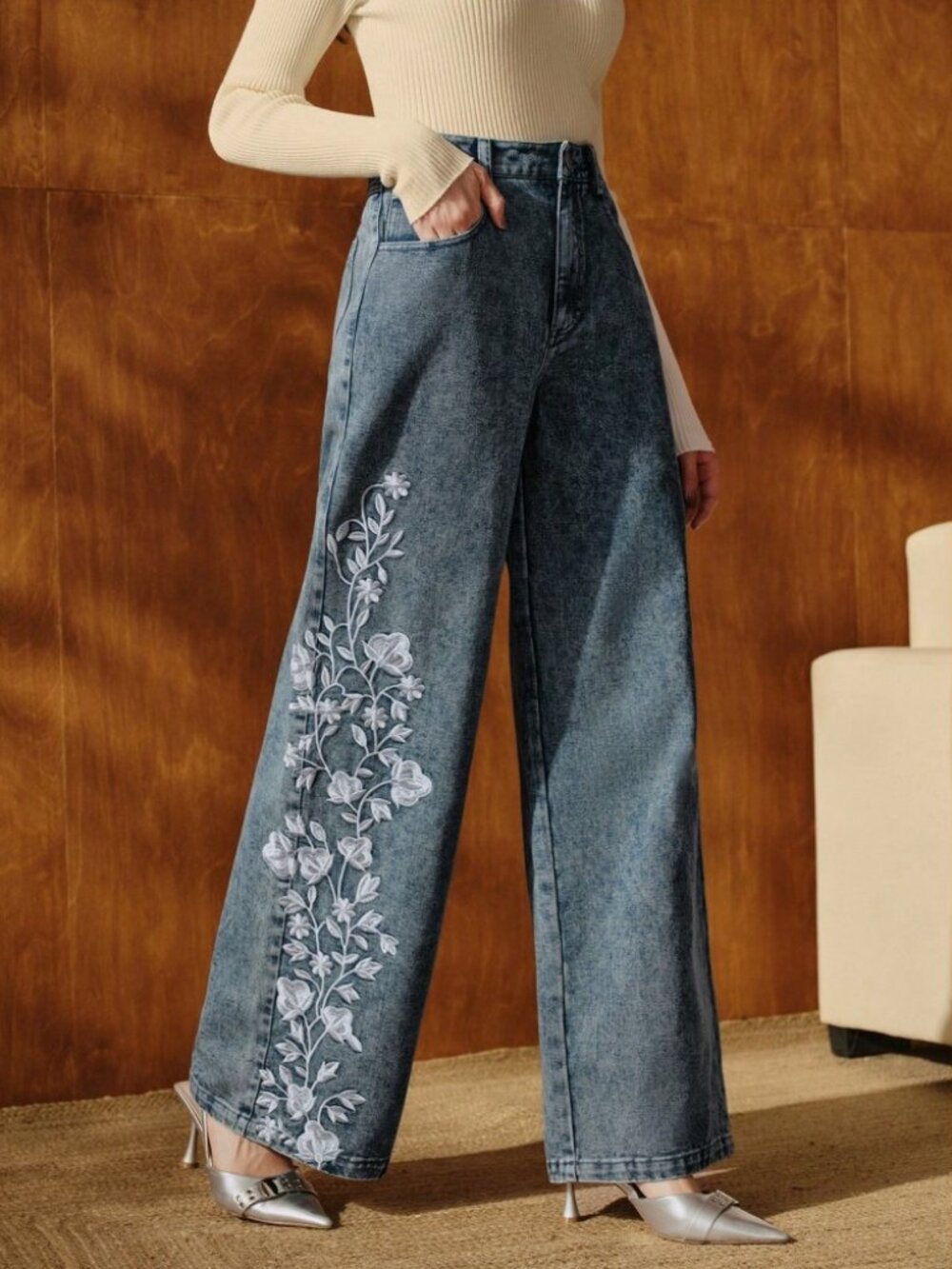 Acid Wash Blue Floral Embroidered Wide Leg Denim Jeans